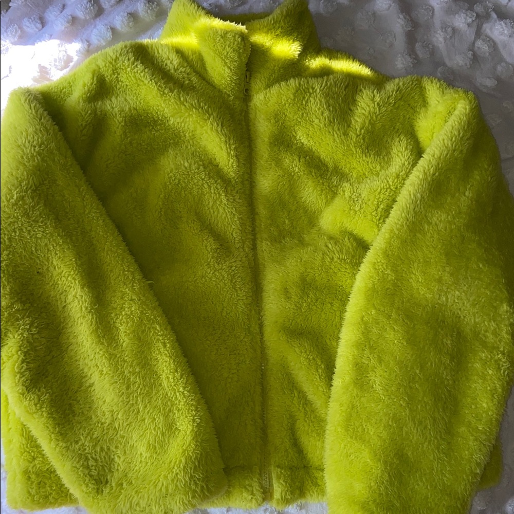 Neon green fluffy jacket!